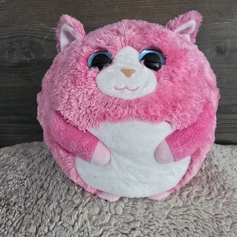 TY Beanie Ballz Collection Pink Cat Plush Stuffed Animal Blue Eyes Round Soft